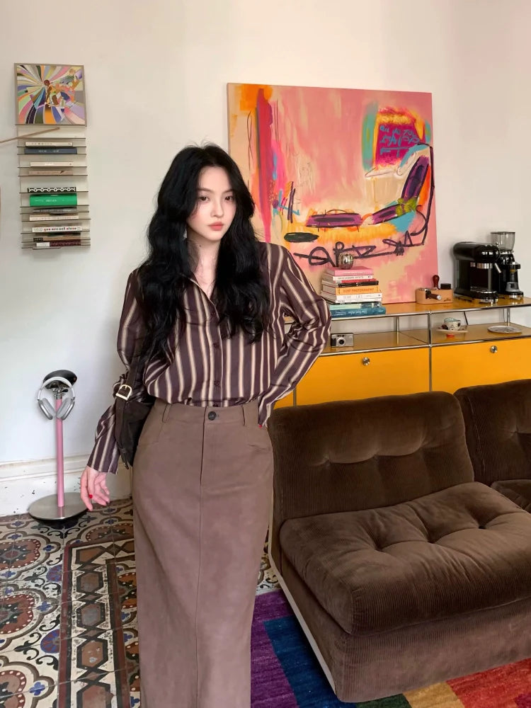 Brown and Beige Striped Button-Up Shirt