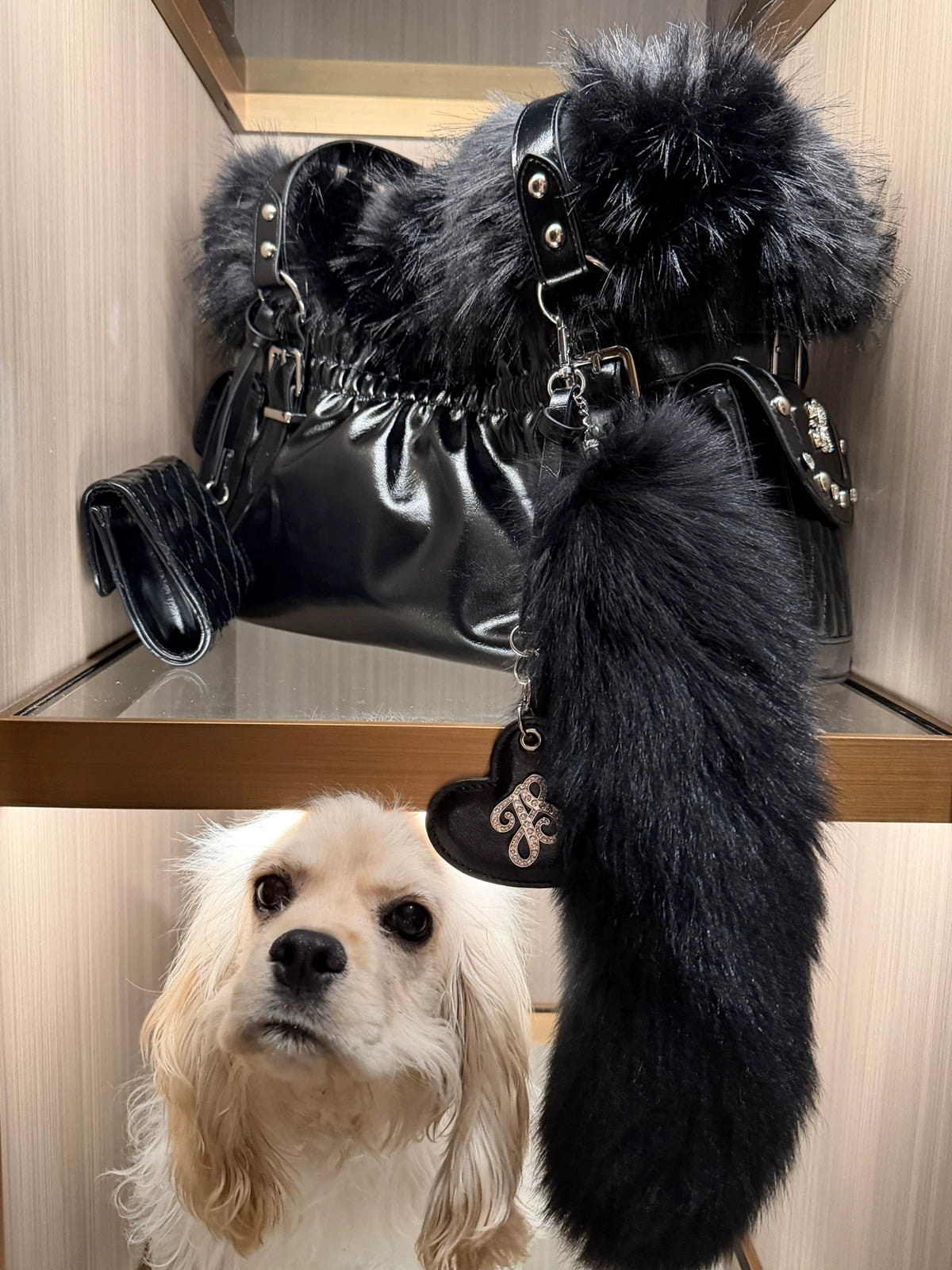 Golden Purr Luxe Faux‑Fur Charm Tote
