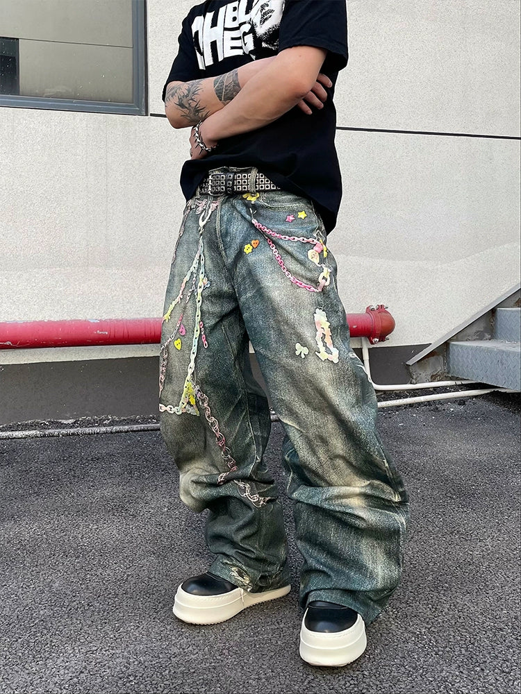 Graffiti Chain Washed Jeans