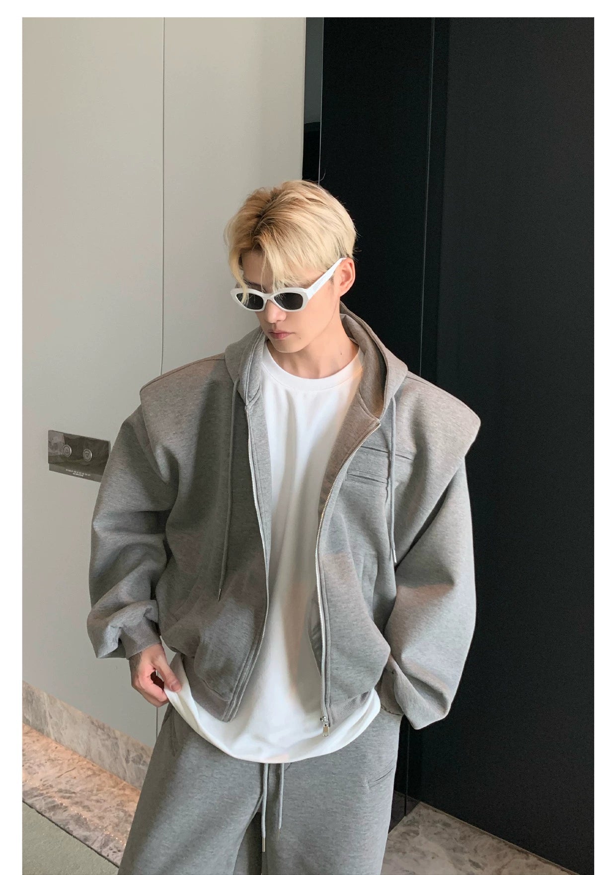 Shoulder-Padded Hoodie Jacket with Straight-Leg Pants Two-Piece Set