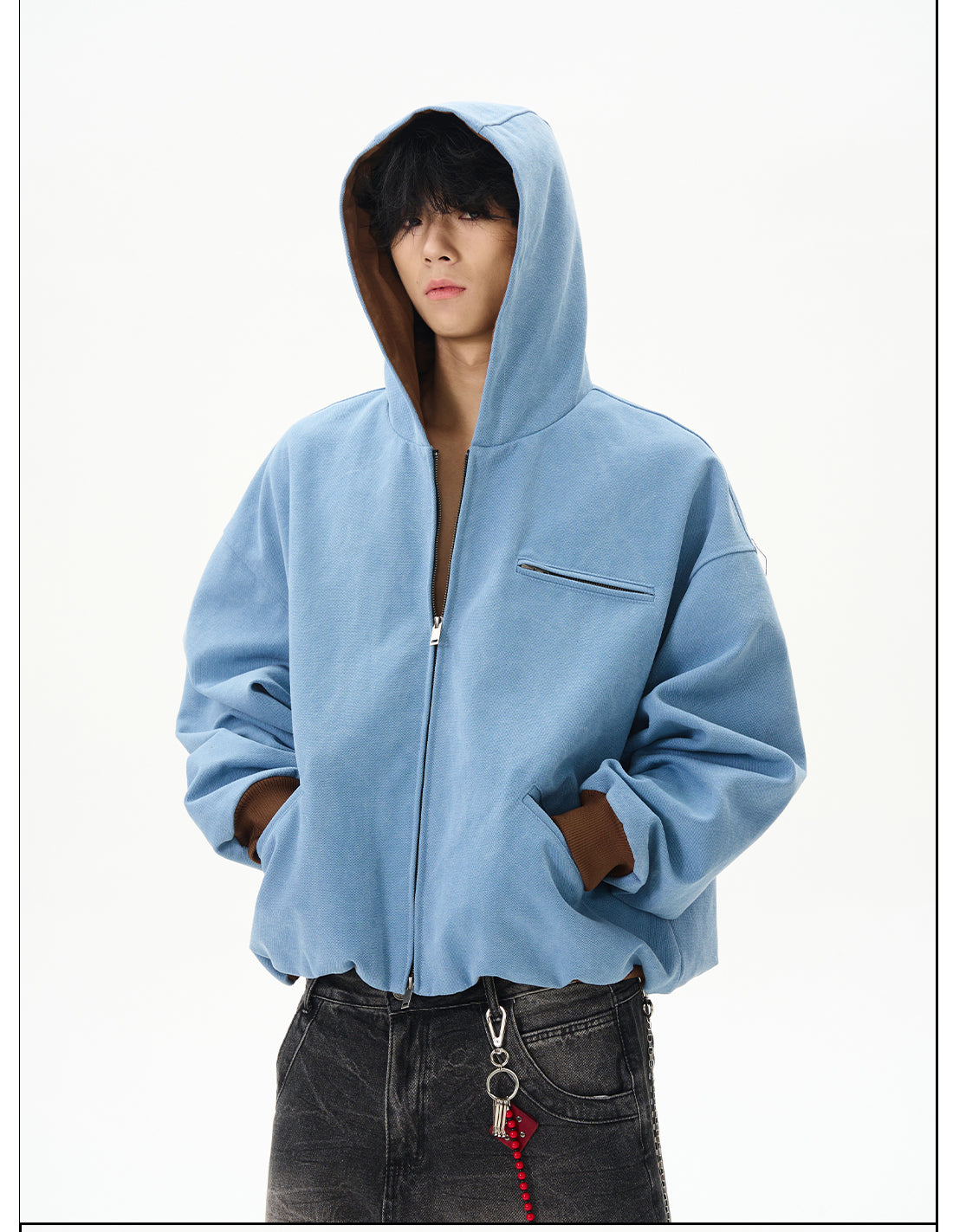Blue Fleece Hooded Bomber Jacket