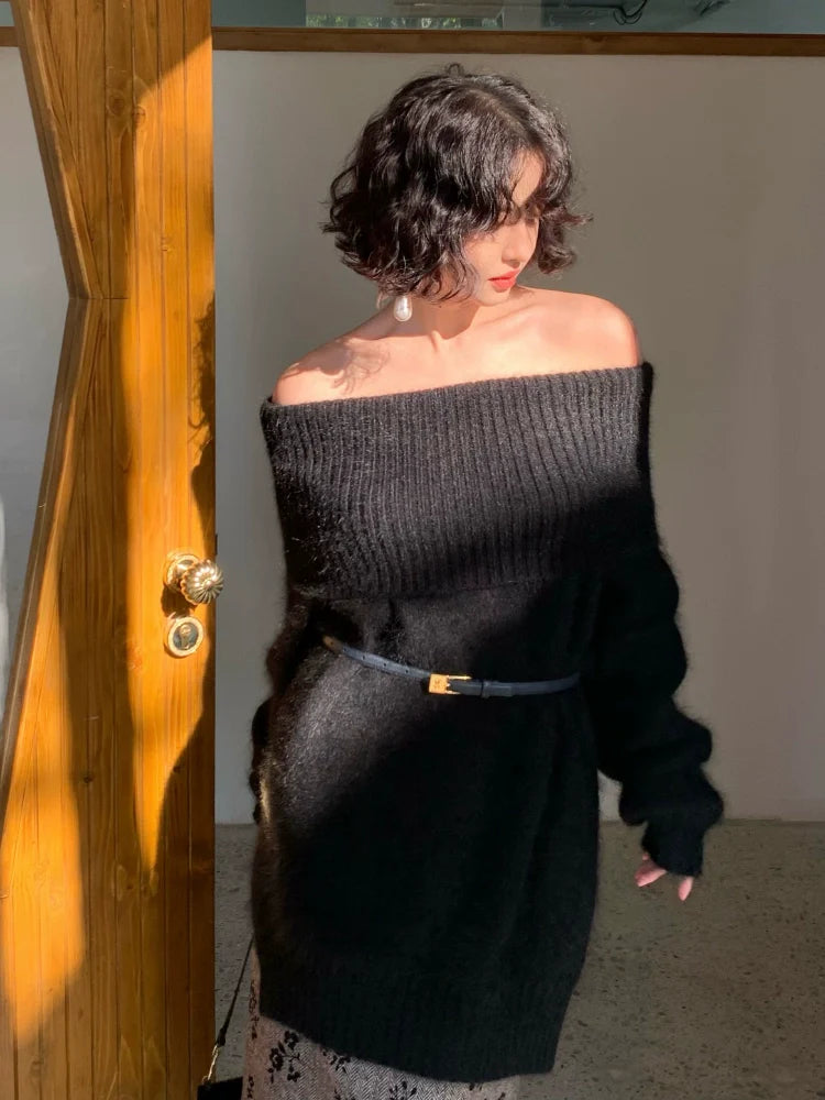 Off Shoulder Raccoon Knit Sweater