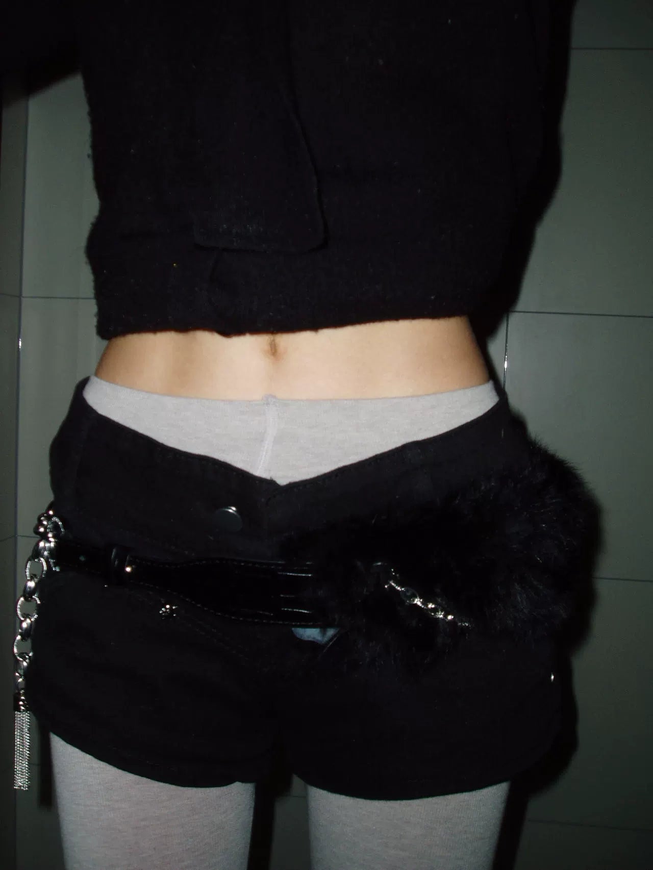 Black Rabbit Fur Crocodile Pattern Chain Belt