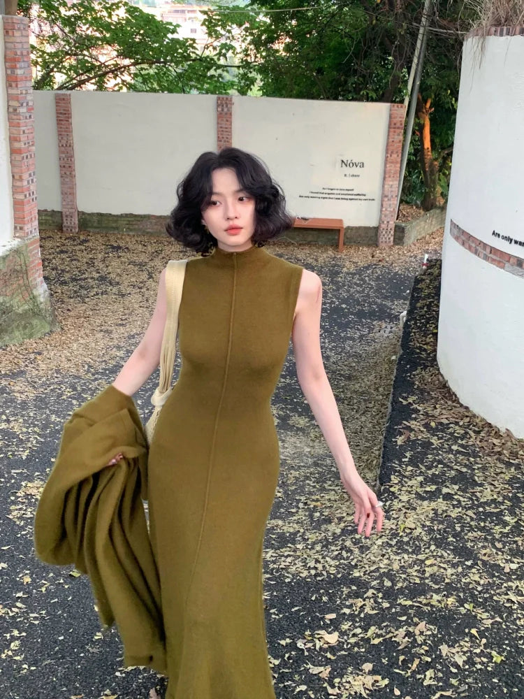 Raccoon Sleeveless Mock Neck Maxi Dress Green / L Raccoon Sleeveless Mock Neck Maxi Dress Green / L