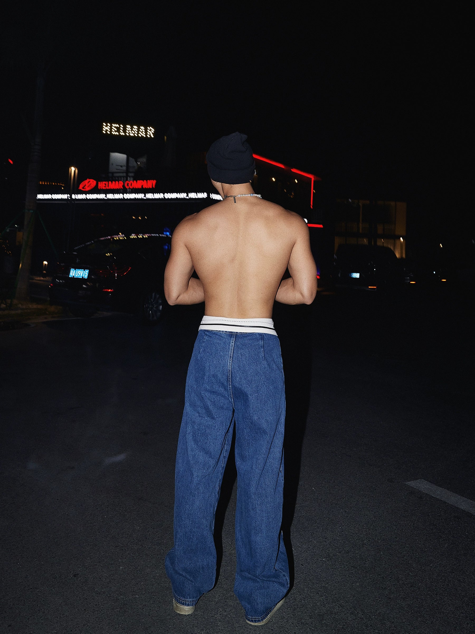 Wide-Leg Blue Jeans with Folded Waistband Detail