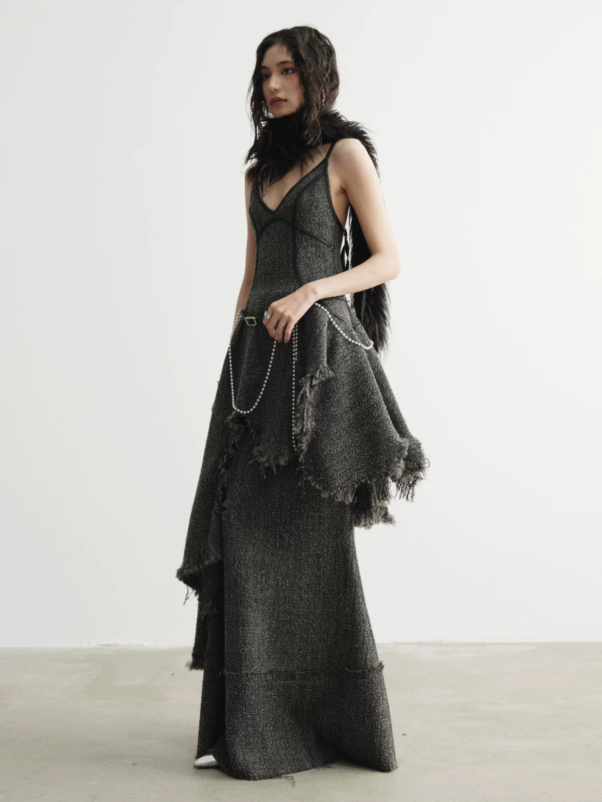 Charcoal Distressed Tweed Mermaid Skirt