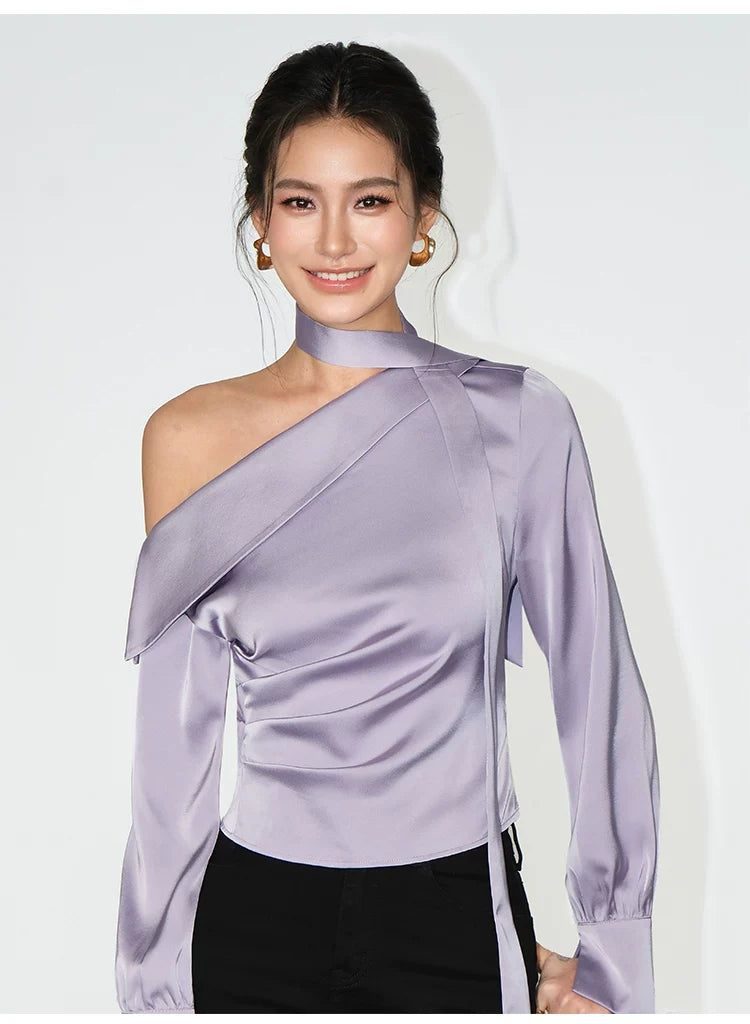 Asymmetric Choker Satin Ruched Blouse