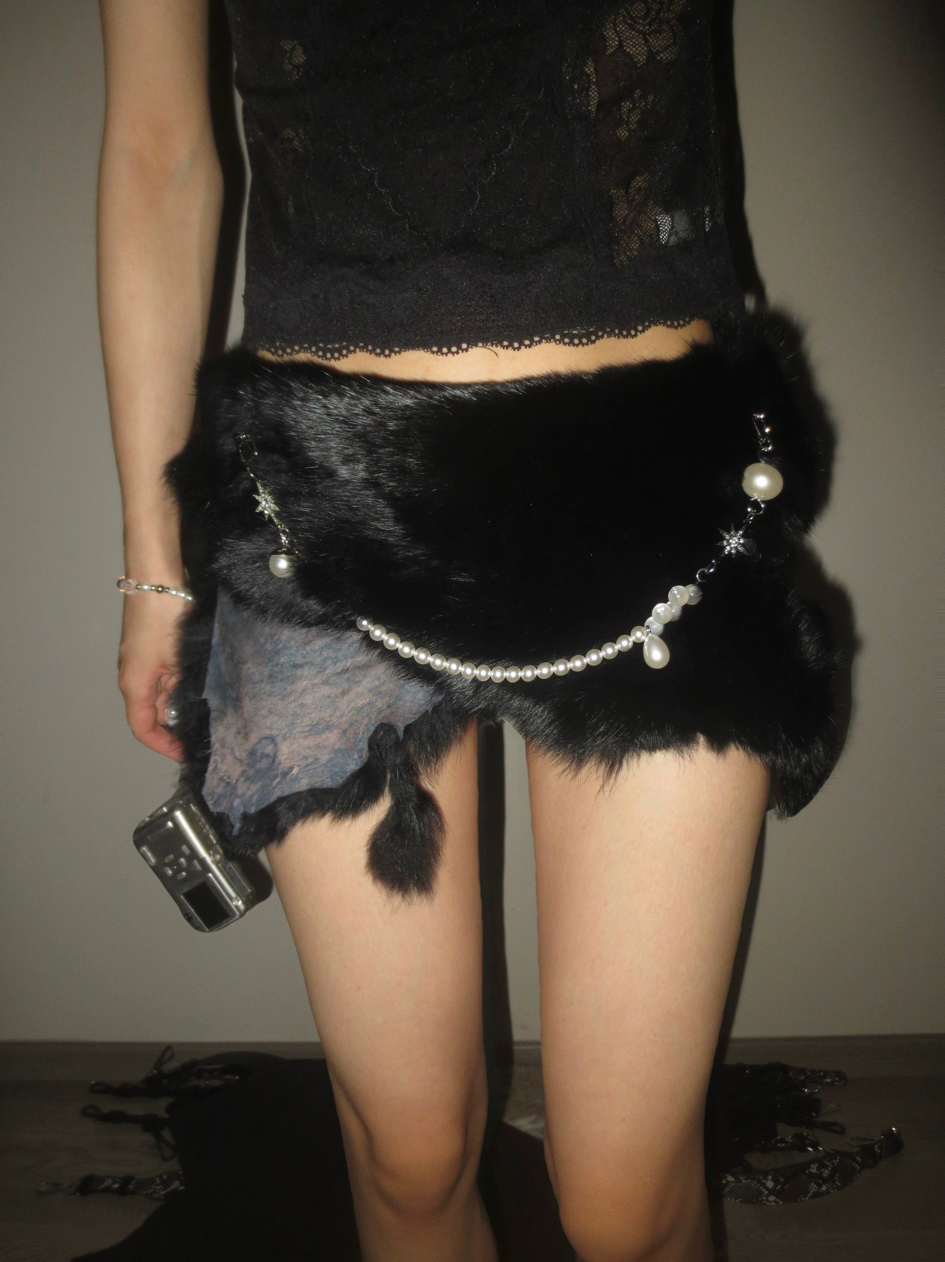 Black Rabbit Fur Pearl Chain Belt