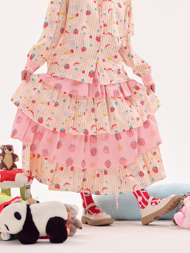 Pink Strawberry Tiered Pleated Midi Skirt