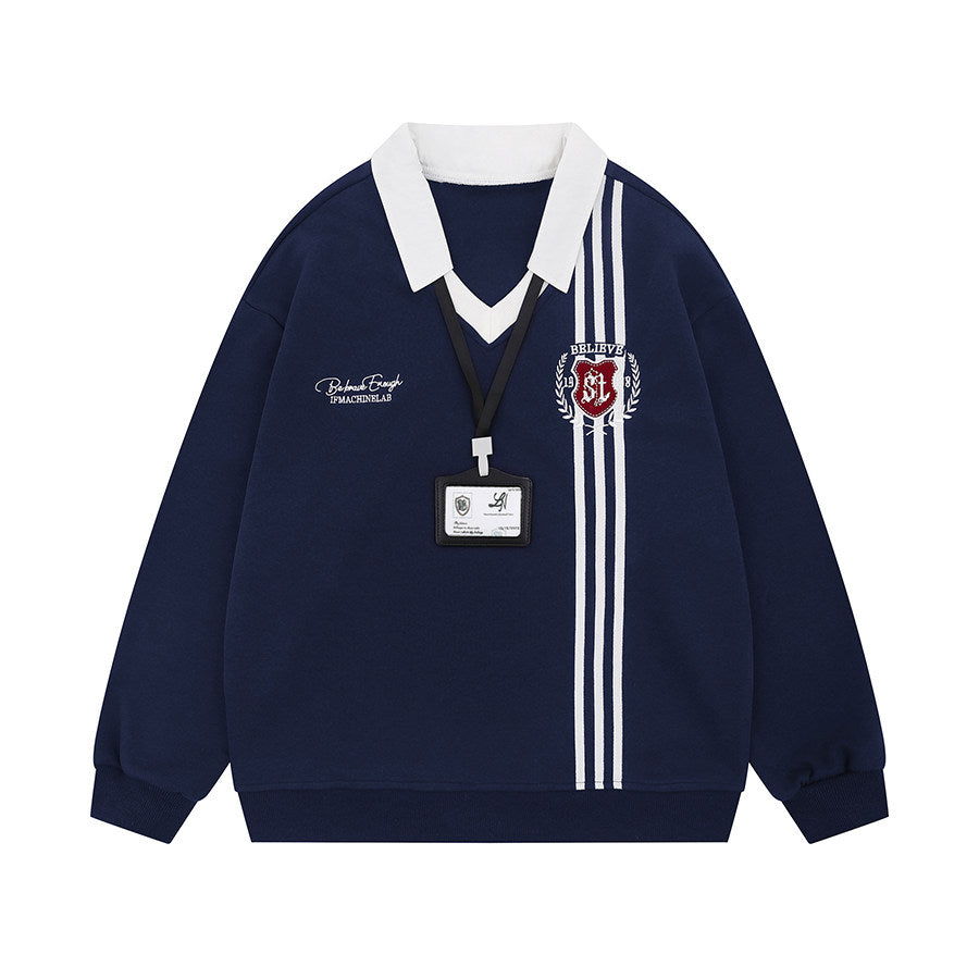 Men's Striped Embroidered V-Neck Polo Sweatshirt