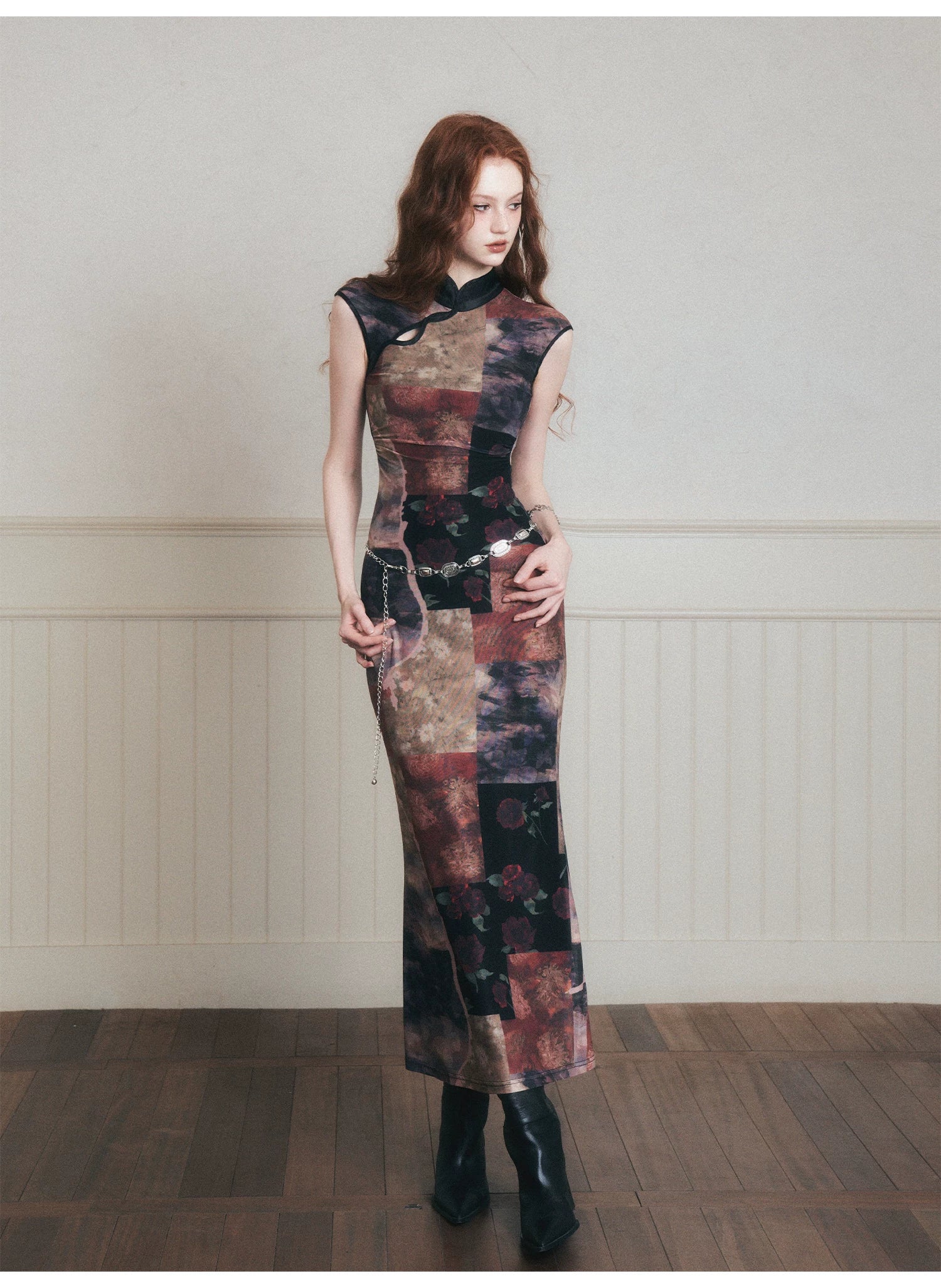 Vintage Noir Patchwork Cheongsam Maxi Dress