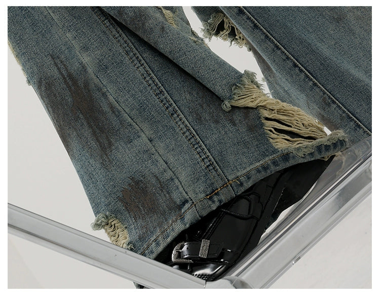 Retro Tie-Dye Distressed Wide-Leg Jeans With Washed Effect And Draping Fit - chiclara