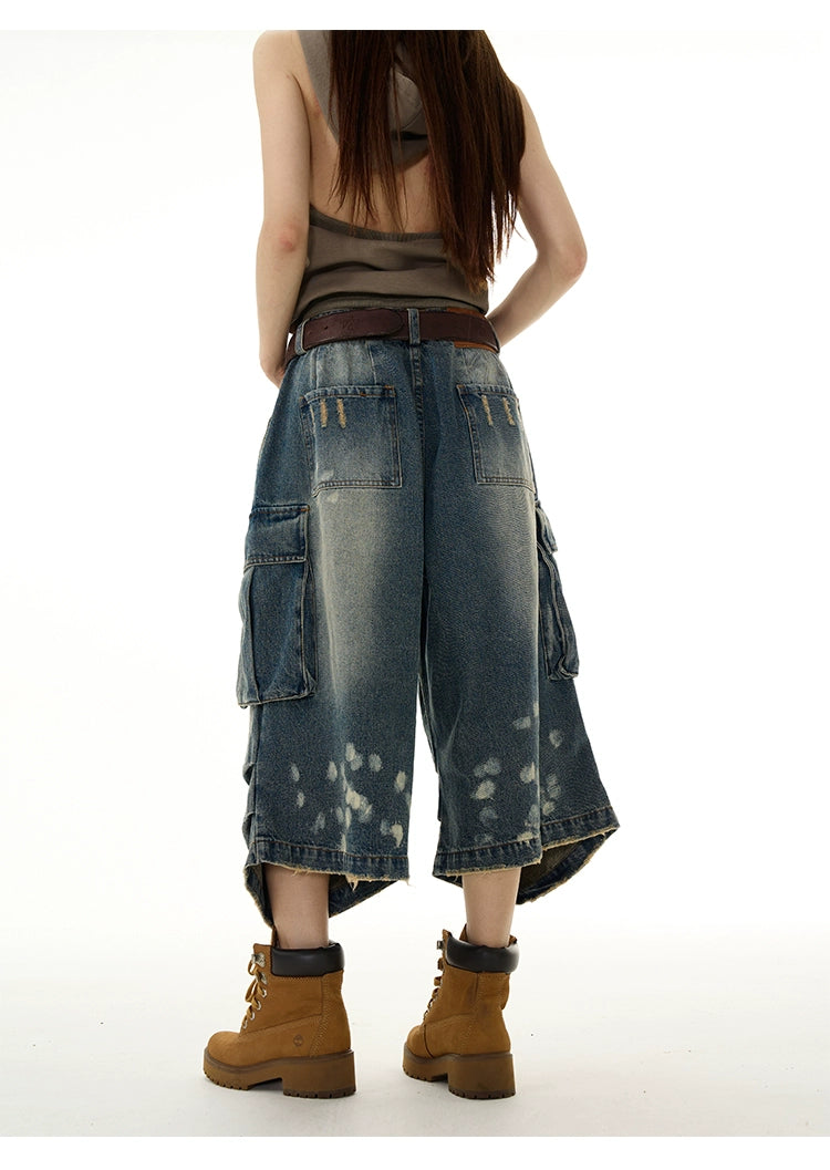Bleached Wide-Leg Denim Cargo Shorts