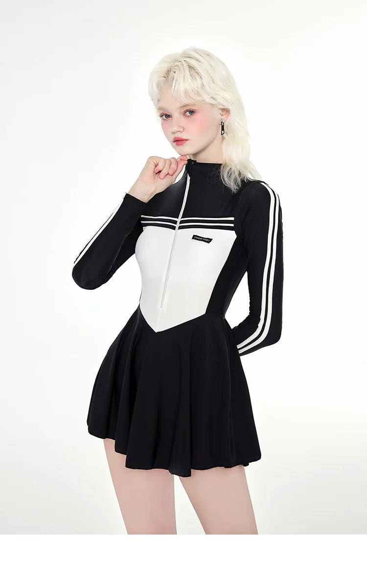 Monochrome Varsity Zip Skater Swimsuit