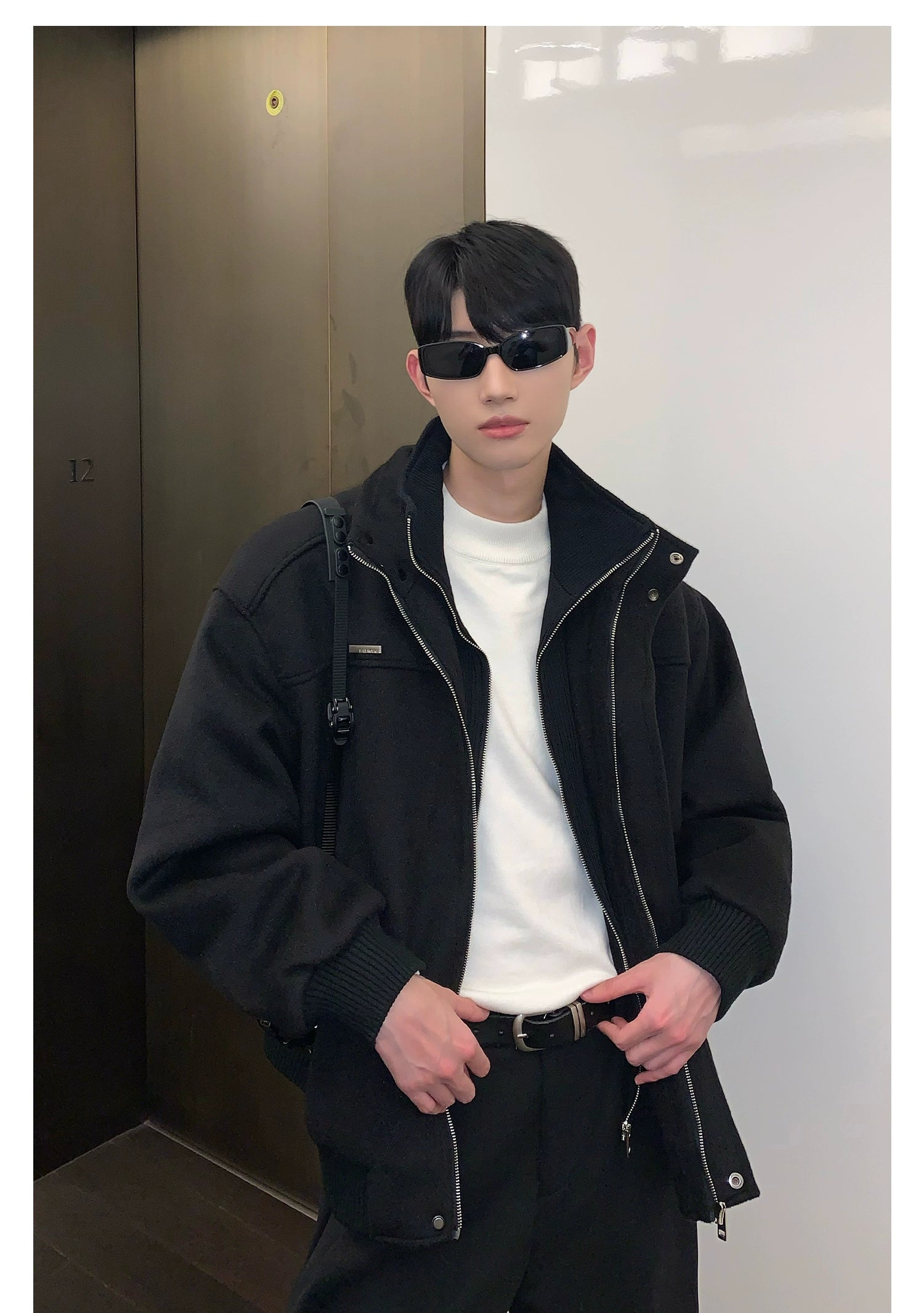 Bomber Jacket with Stand Collar and Ribbed Cuffs