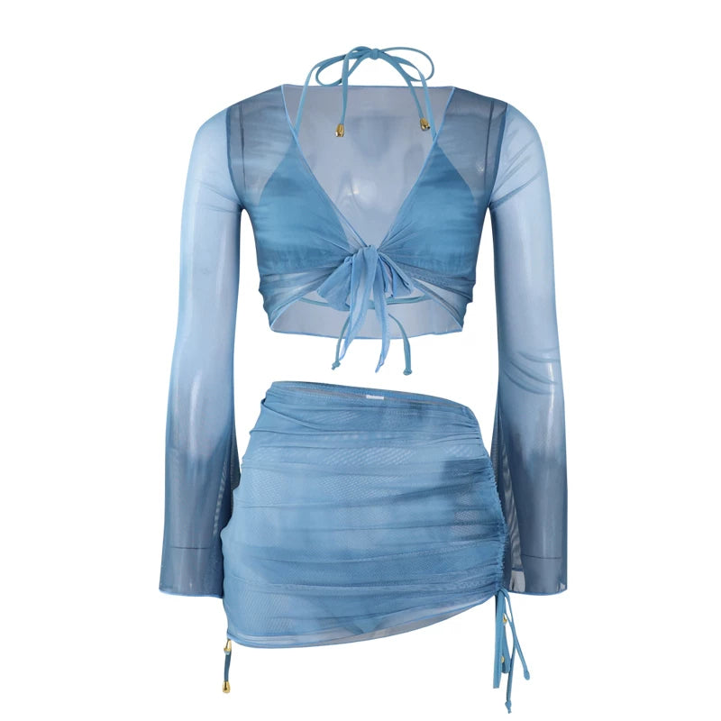 Moonlit Mirage Sheer Tie‑Front Skirted Swim Set