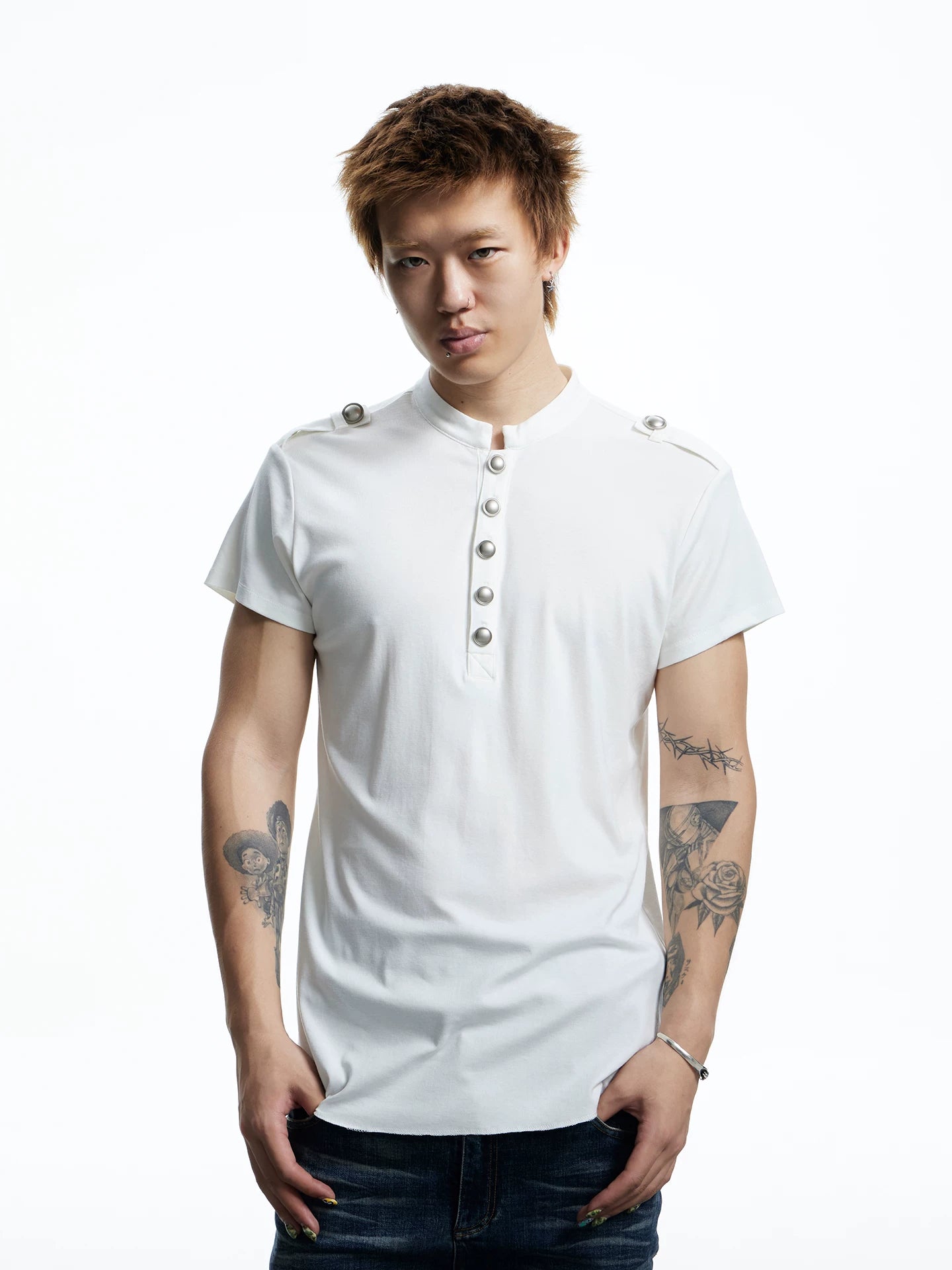 Button Placket Shoulder Tab T-Shirt