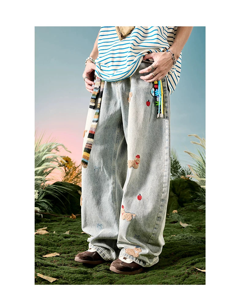 Embroidered Dog Patch Baggy Jeans