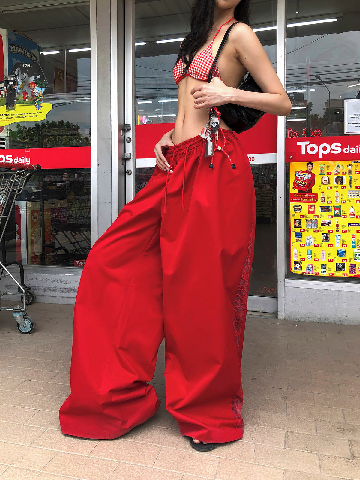 Bright Red Wide-Leg Track Pants