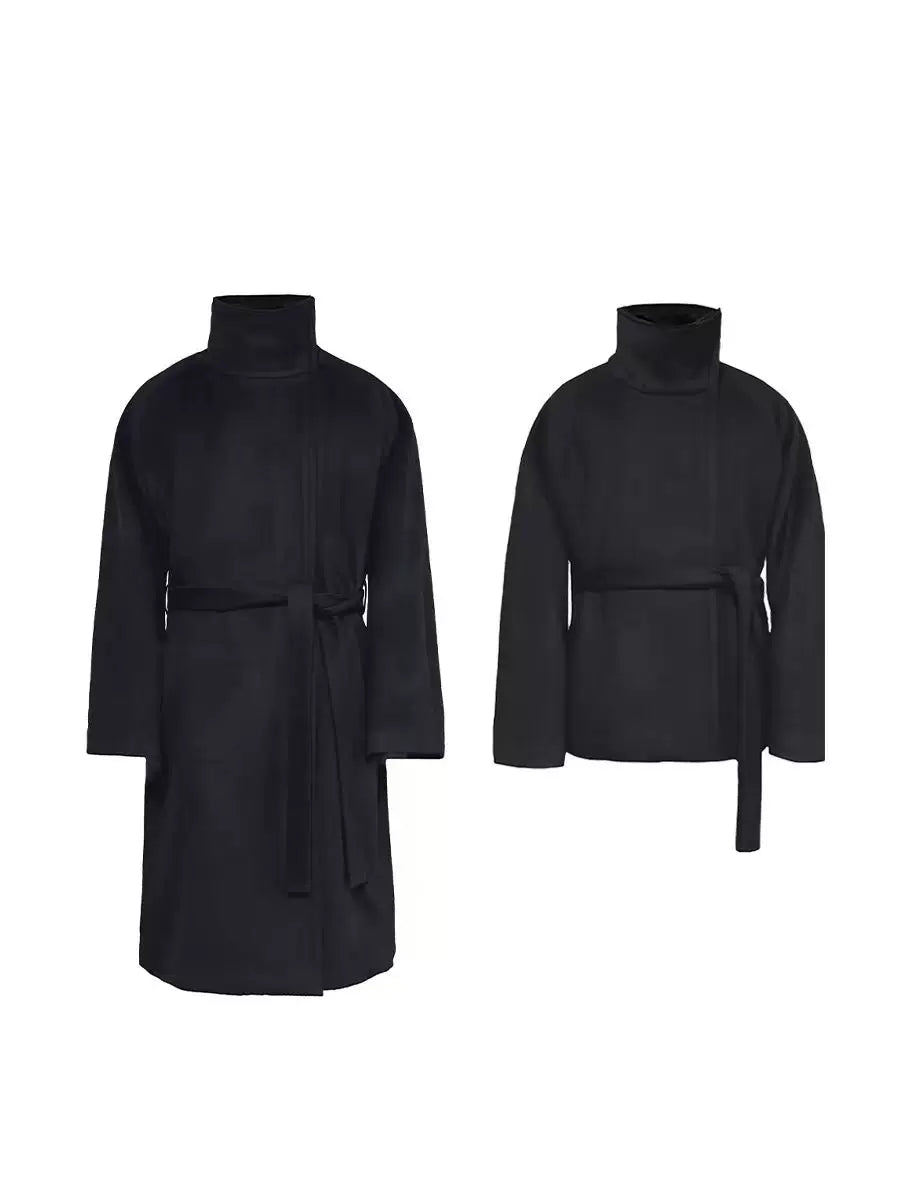 Black Funnel-Neck Belted Wool Coat