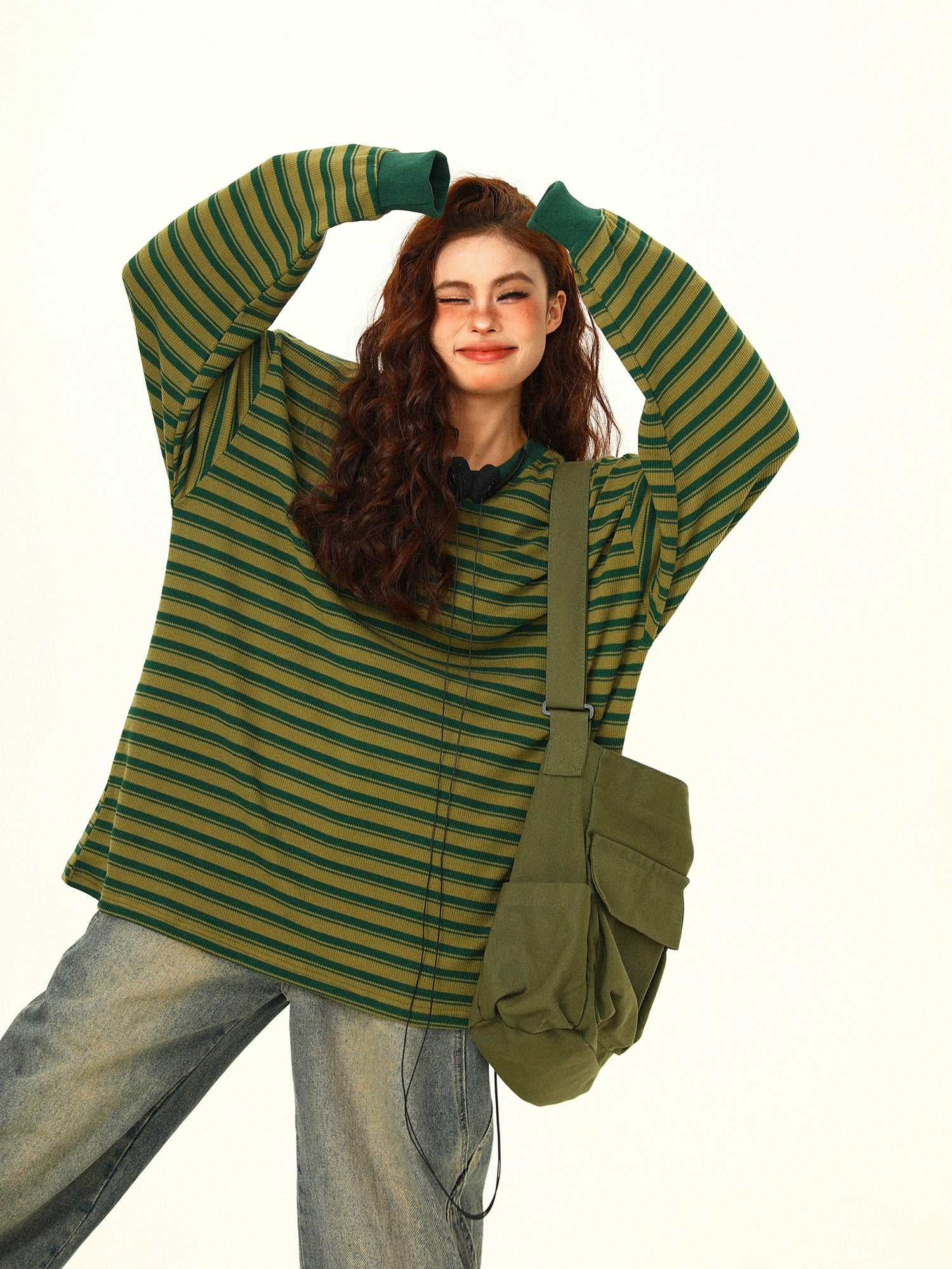 Green and Yellow Striped Oversized Long Sleeve Tee
