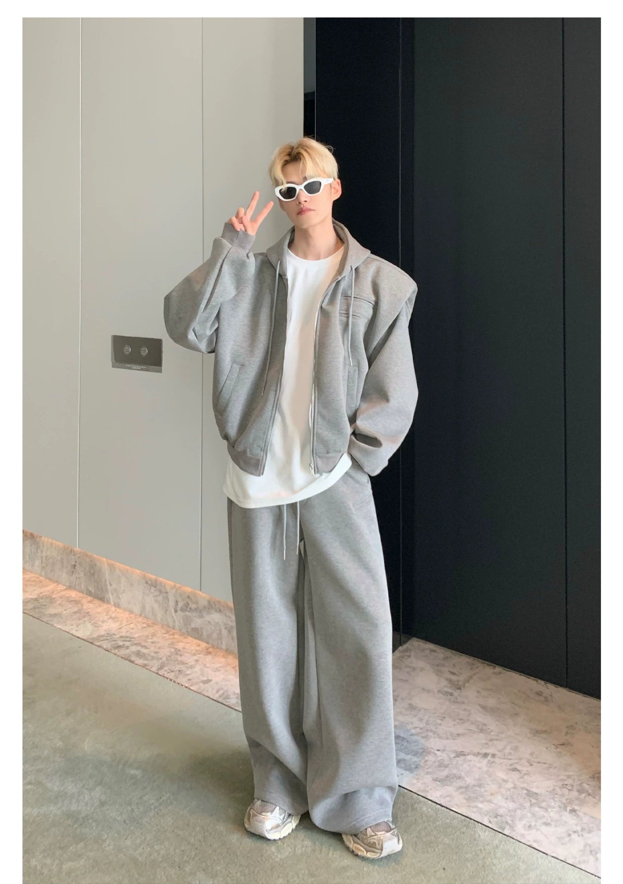 Shoulder-Padded Hoodie Jacket with Straight-Leg Pants Two-Piece Set