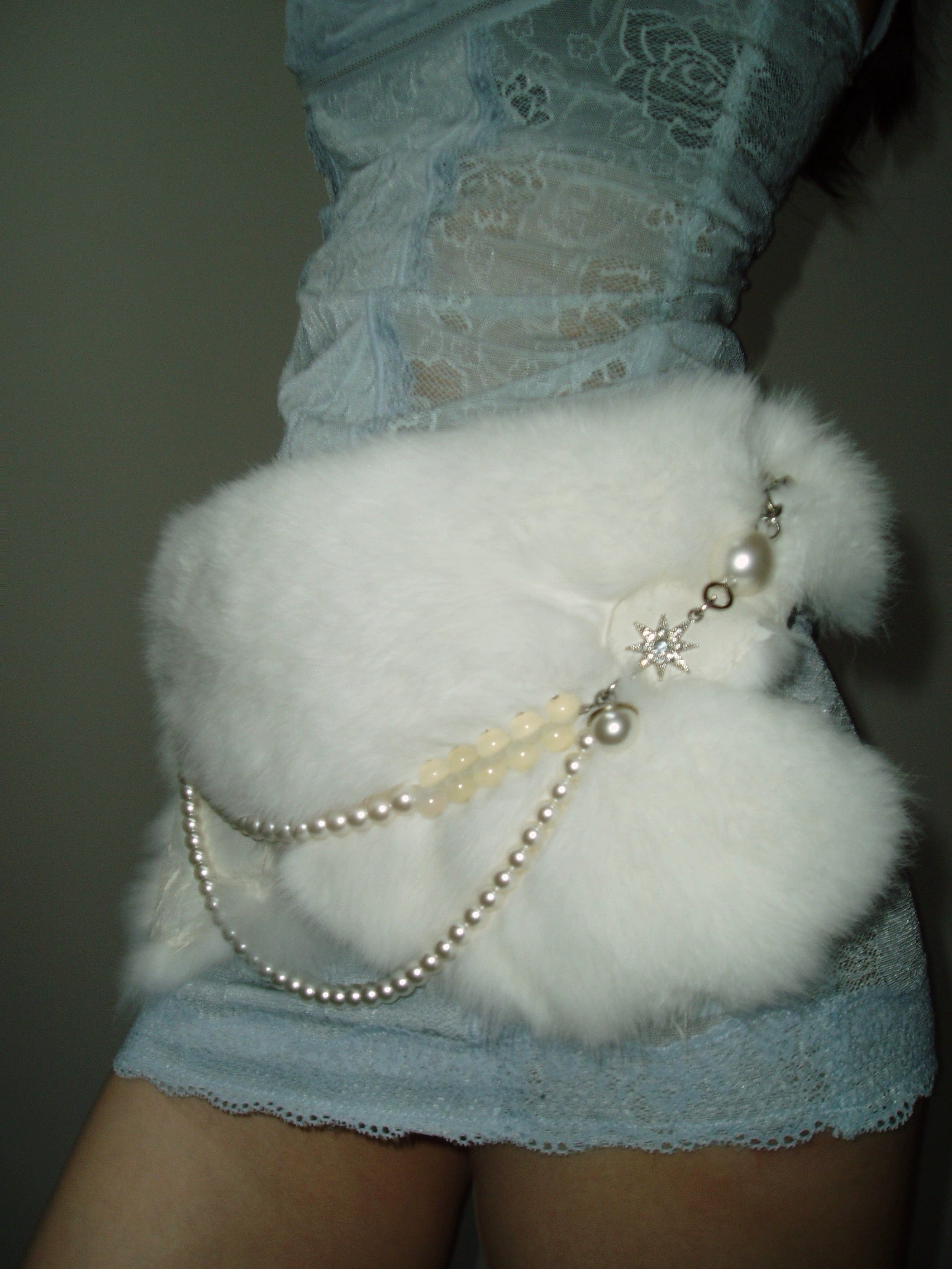 White Rabbit Fur Pearl Chain Belt