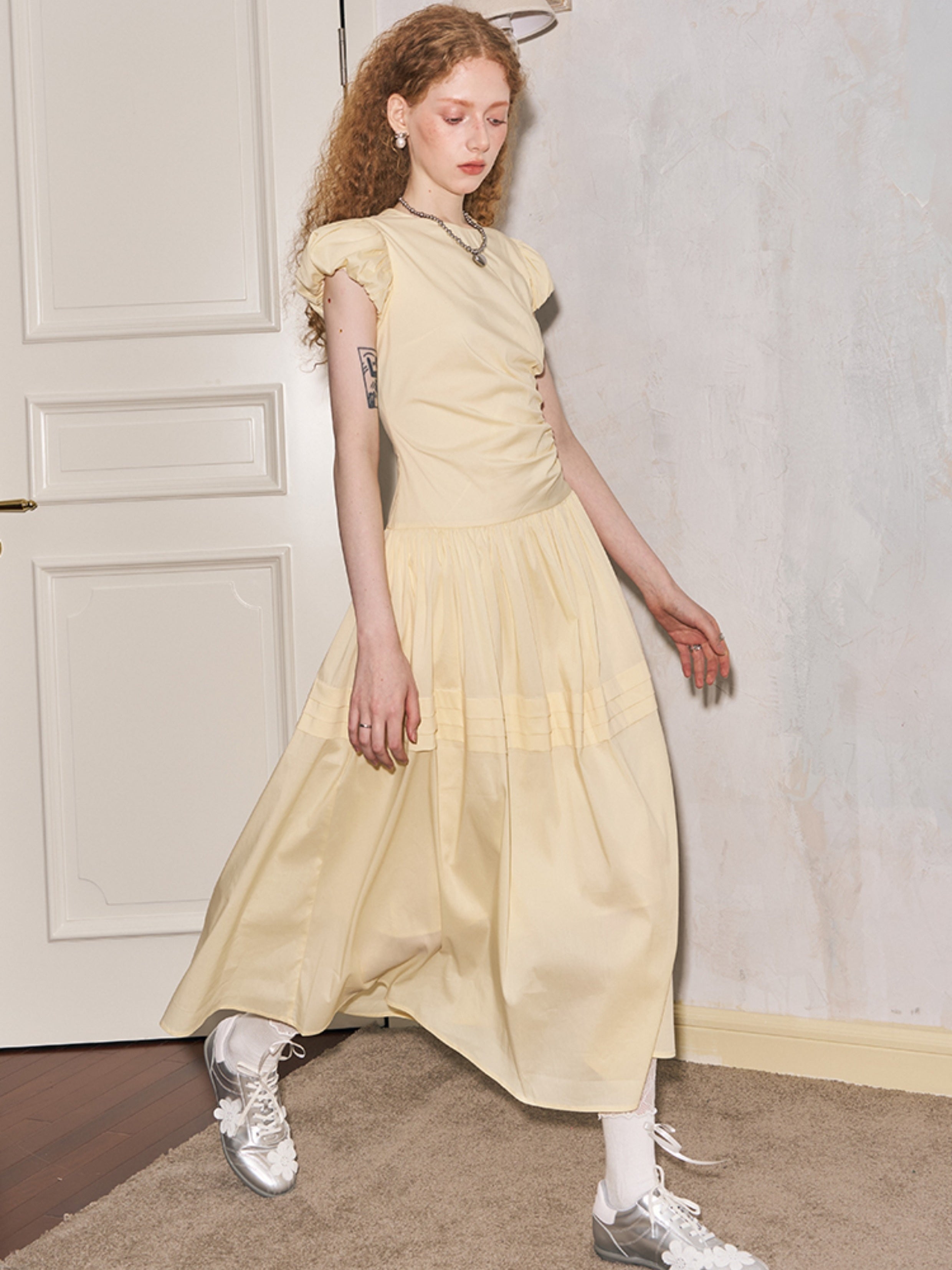 Round Neck Puff Sleeve Long Gather One-Piece - chiclara