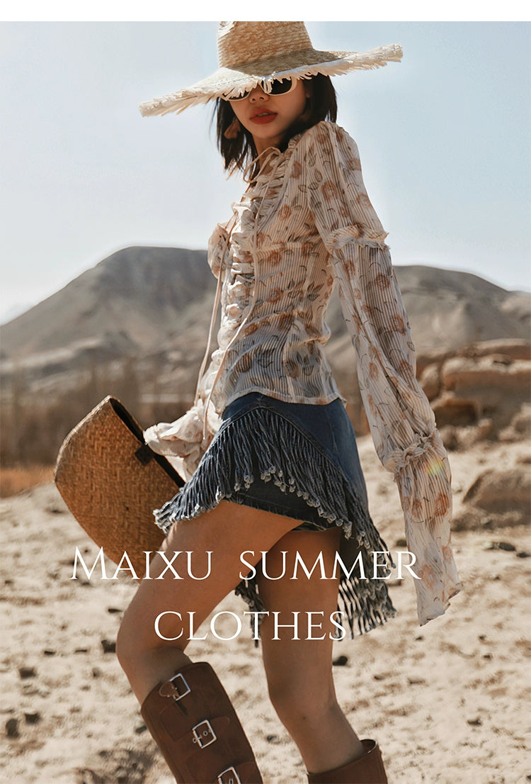Asymmetrical Fringe Denim Skirt