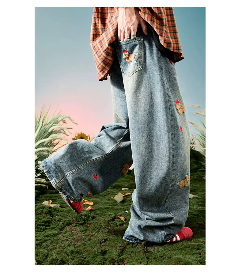 Embroidered Dog Patch Baggy Jeans