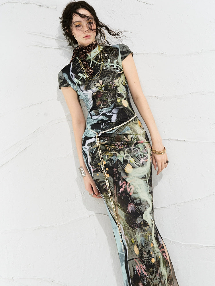 Abstract Marble Print Evening Maxi Dress