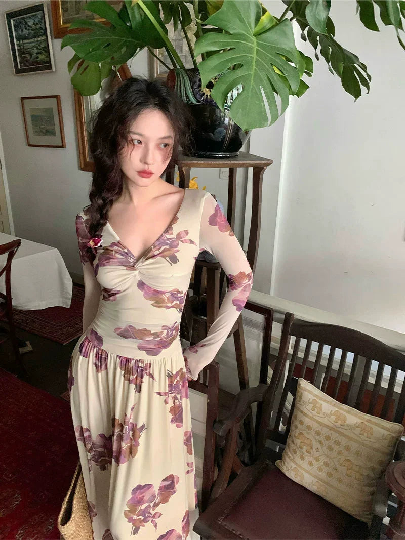 Mesh Floral Maxi Dress with Sheer Sleeves