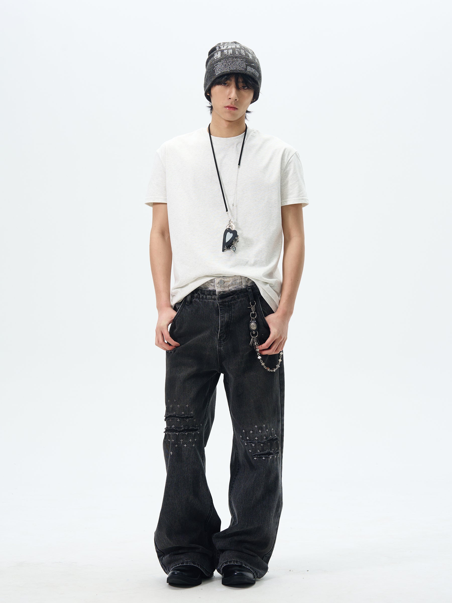 Heavily Distressed Wide Leg Cargo Jeans