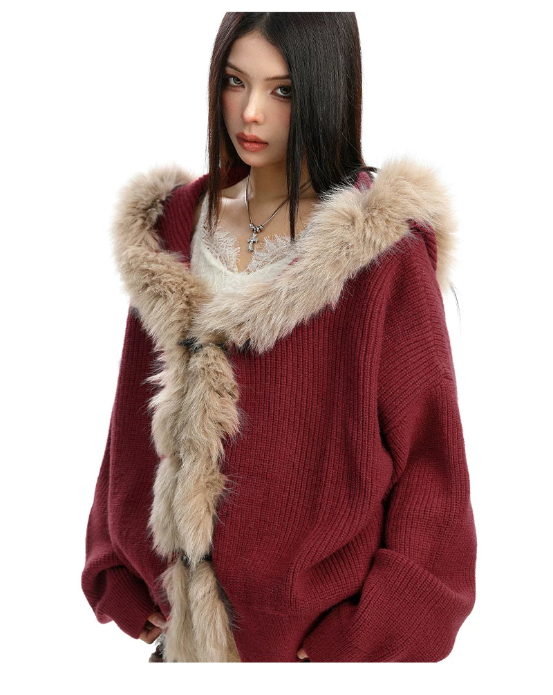 Shadow Luxe Fur-Trim Hooded Knit Cardigan