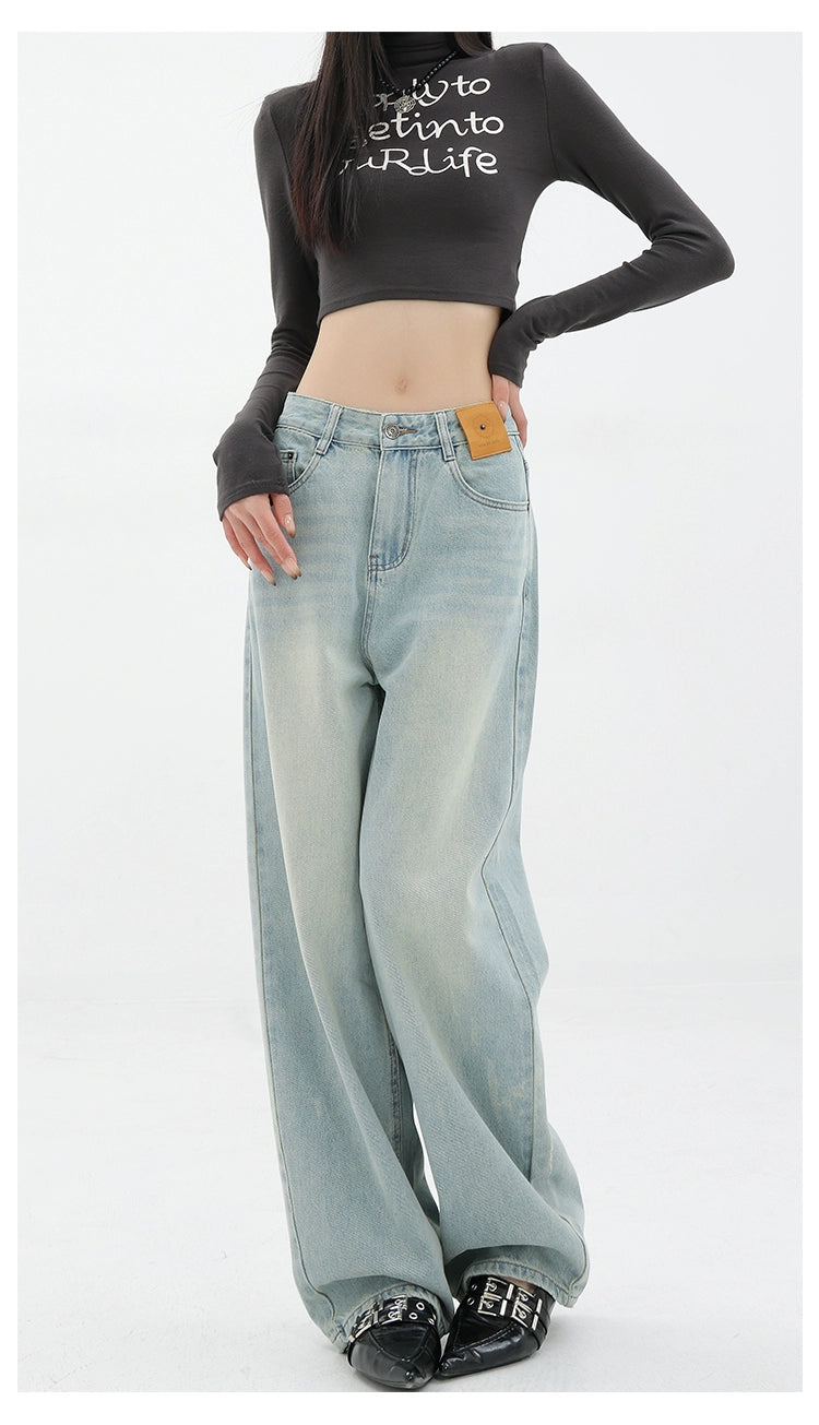 Blue Retro Loose Straight-Leg High-Waist Floor-Length Jeans - chiclara
