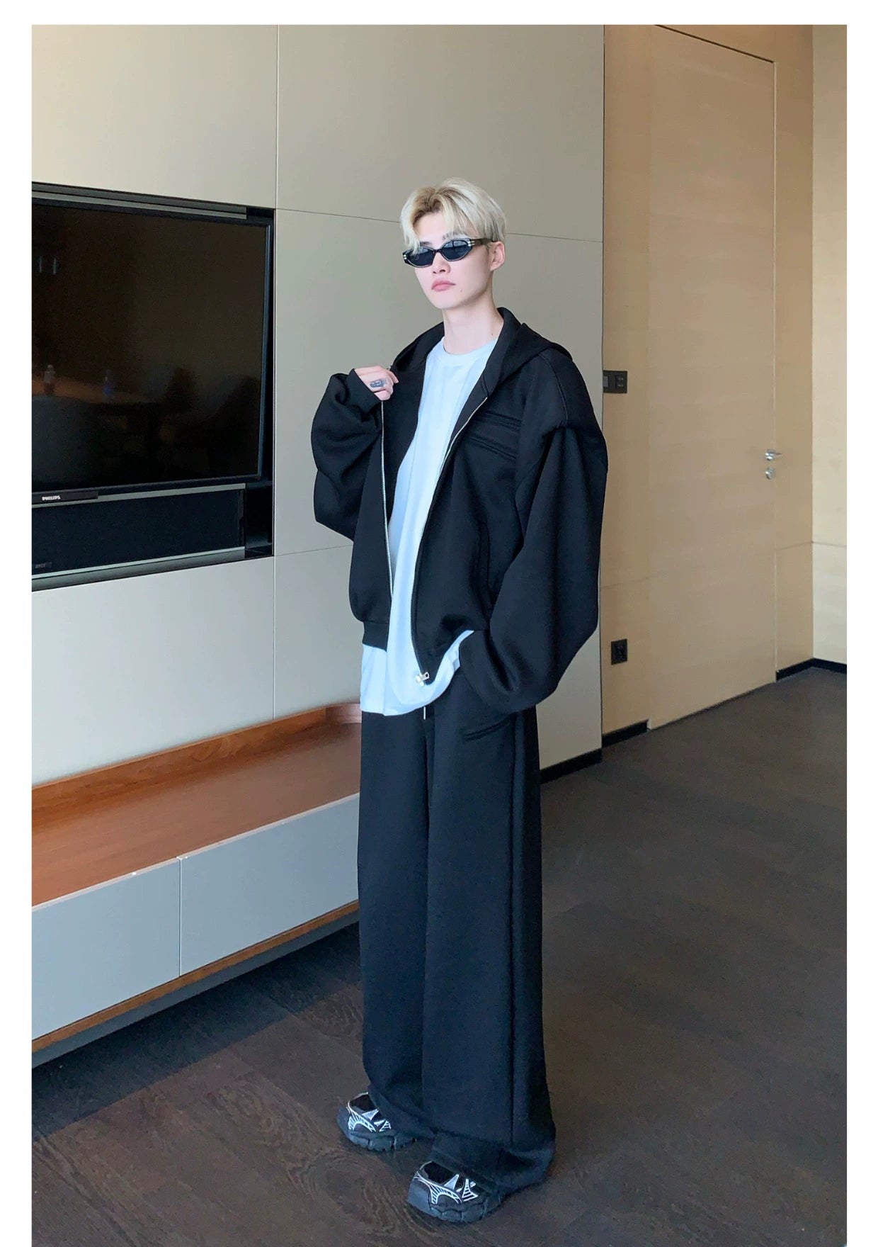 Shoulder-Padded Hoodie Jacket with Straight-Leg Pants Two-Piece Set