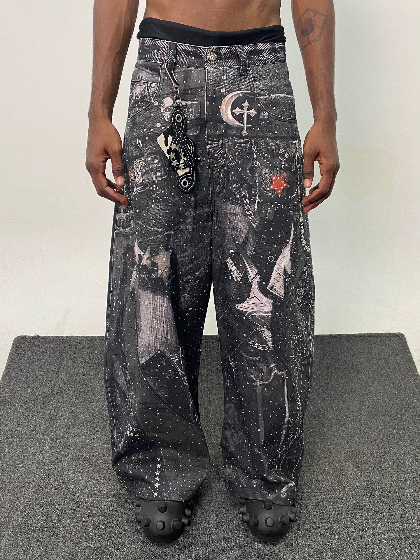 Gothic Collage Print Wide Leg Jeans