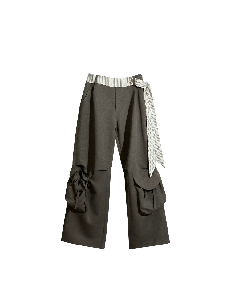 Wide-Leg Dark Cargo Pants with Striped Sash Belt