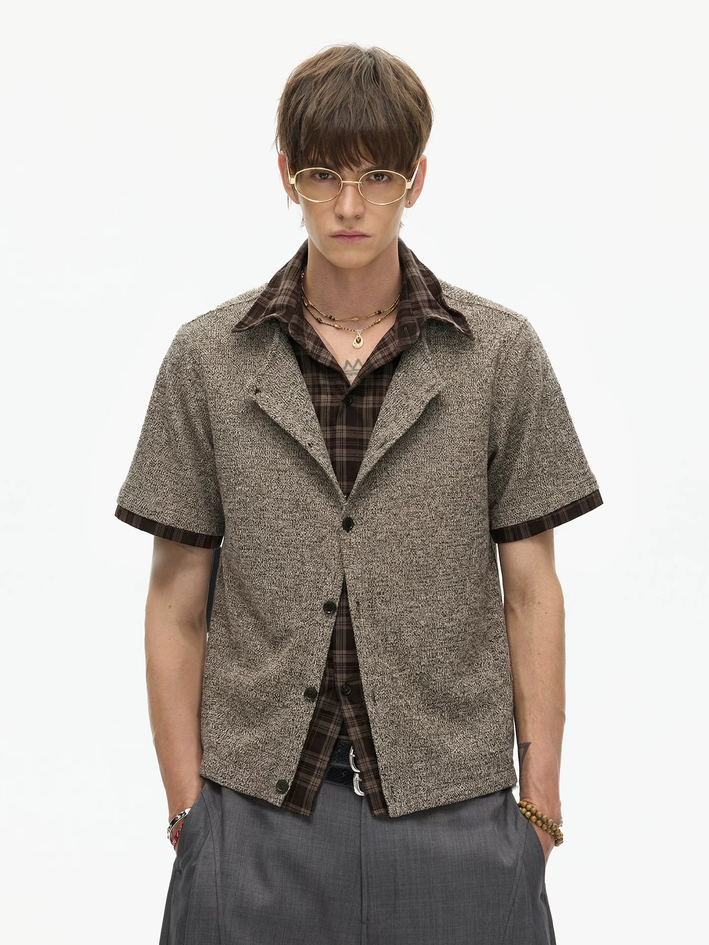Mocha Plaid Trim Knit Shirt