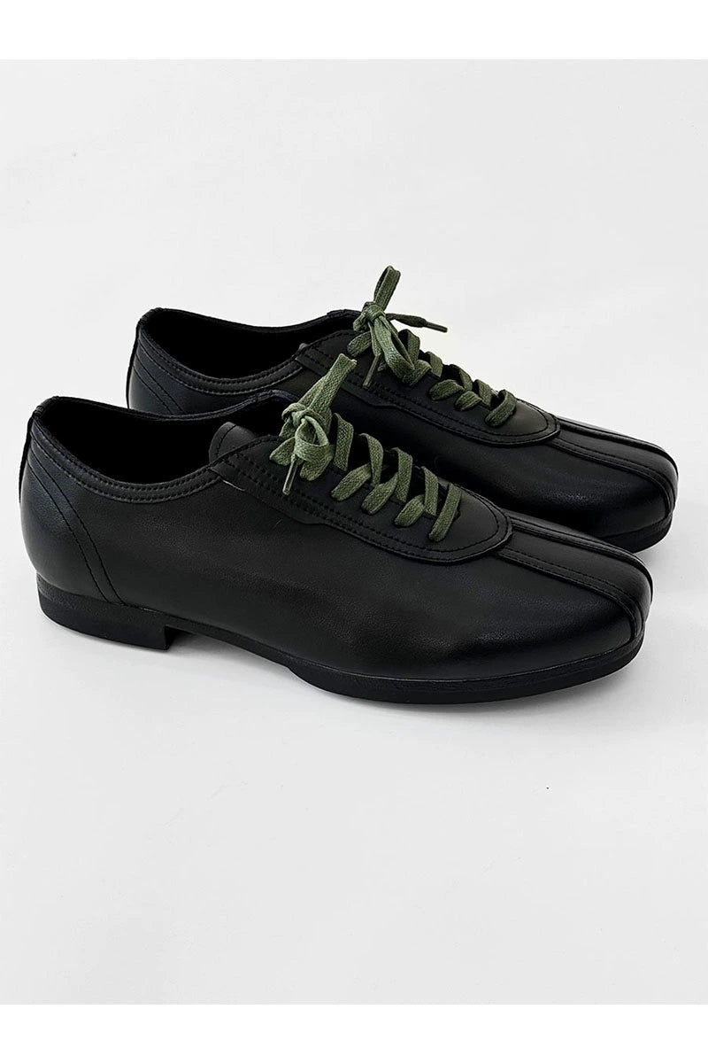 Black Split-Toe Derby Shoes with Green Laces