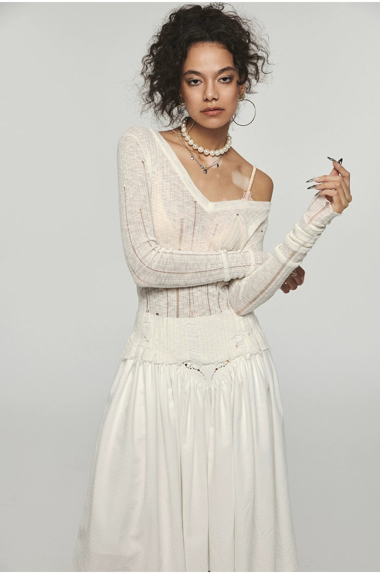 Hollow-Out V-Neck Thin Cardigan With Distressed Waist Knit Top - chiclara