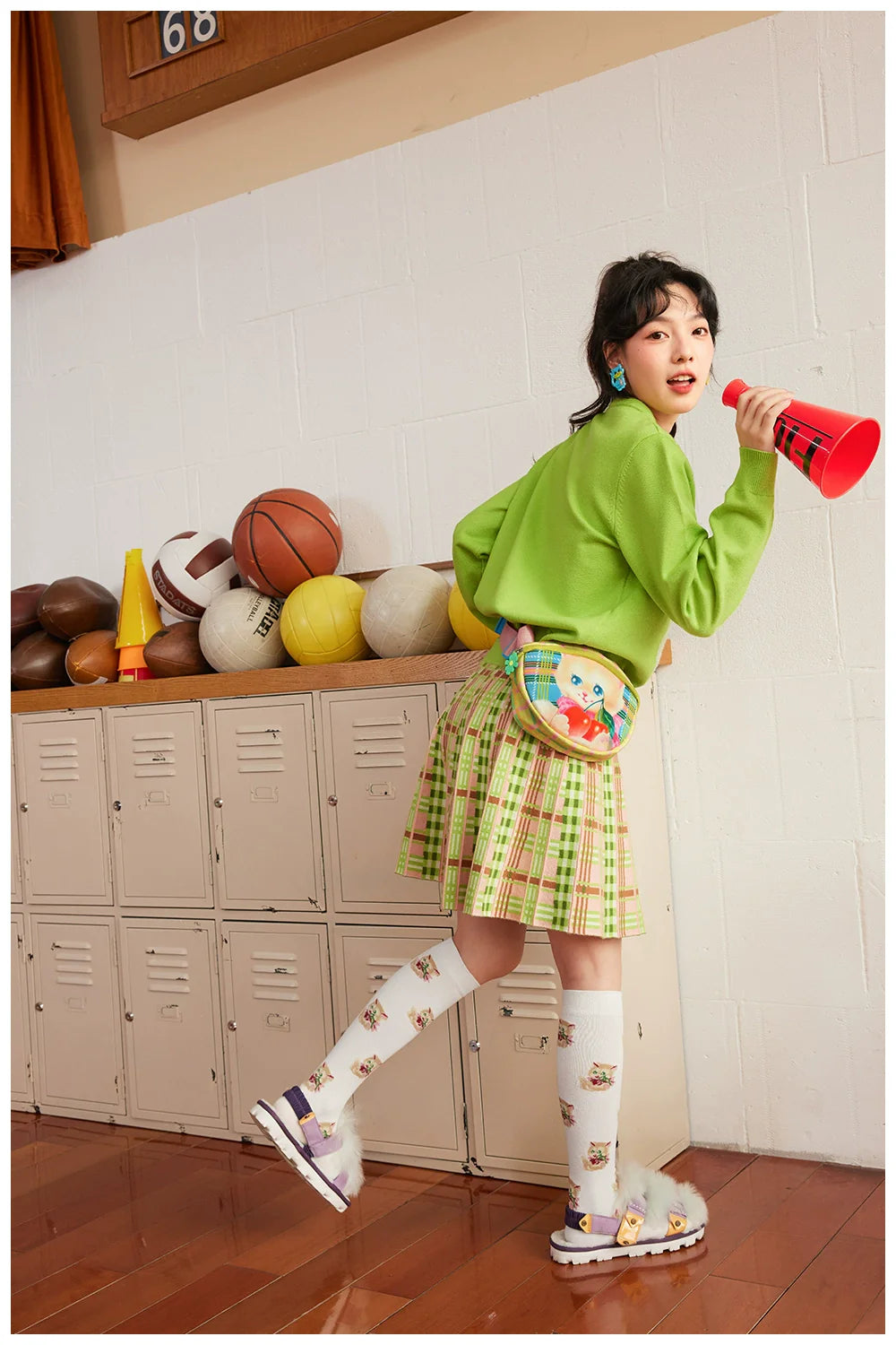 Lime Green Kitty Print Button-Up Cardigan