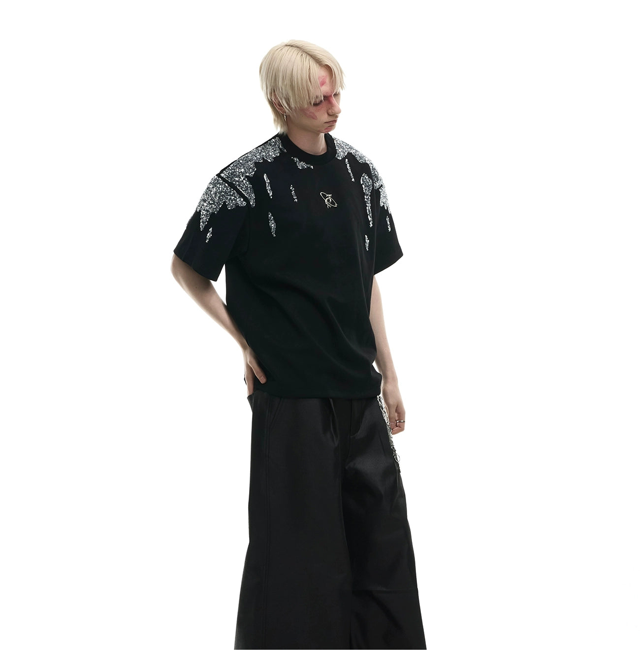 Crystal Shoulder Black Oversized Tee