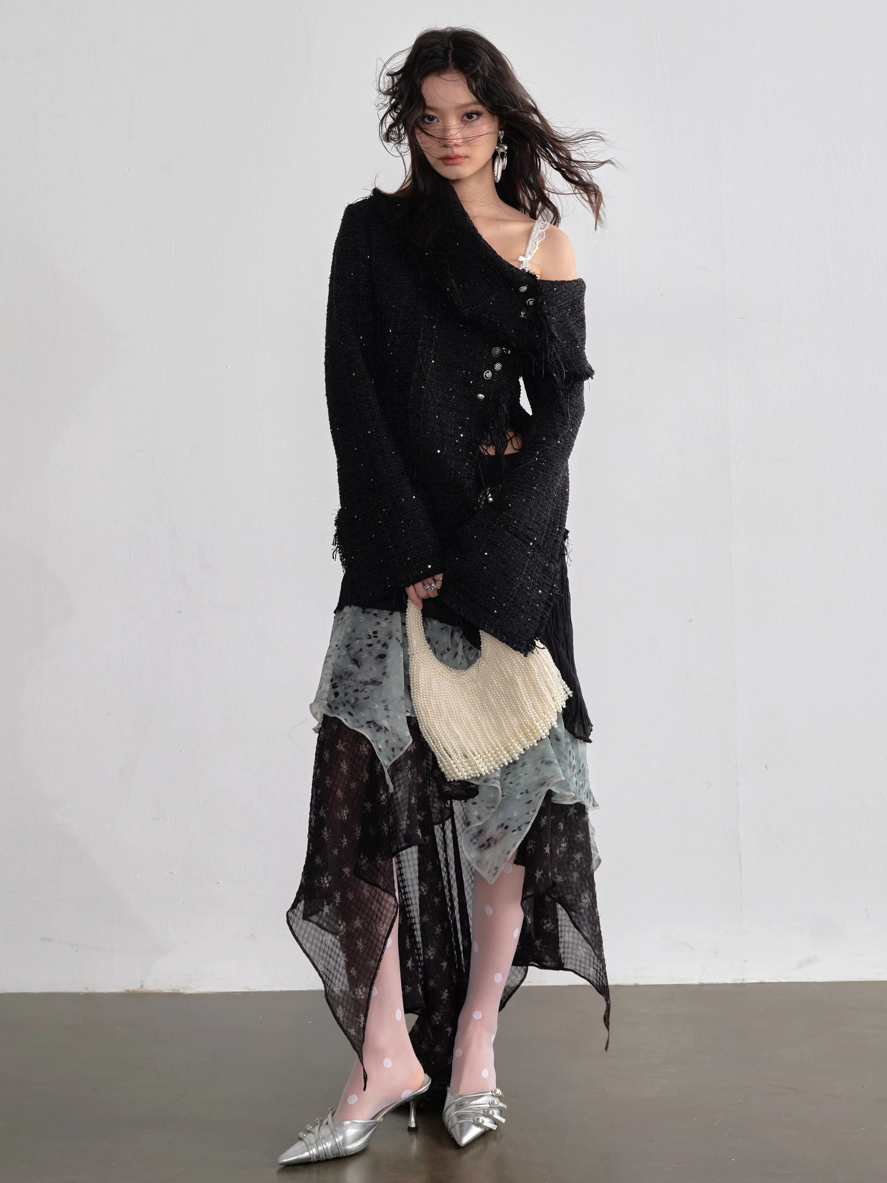 Midnight Mist Asymmetrical Ruffle Skirt