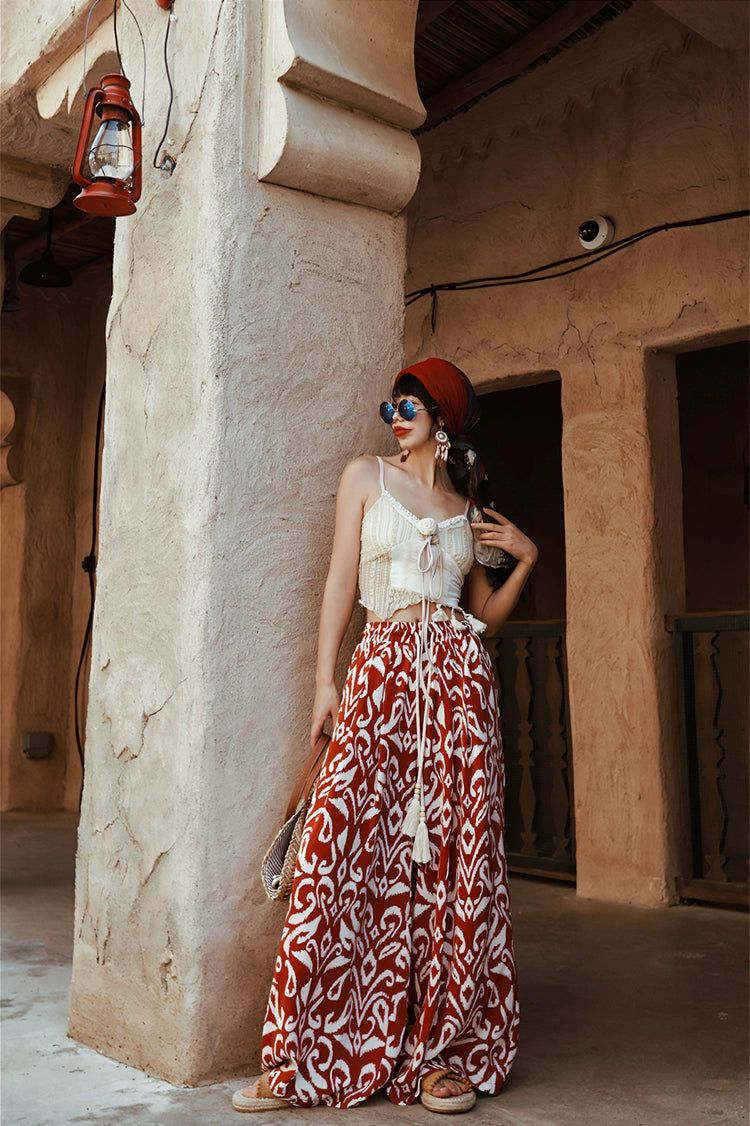 Boho Red and White Print Wide-Leg Pants