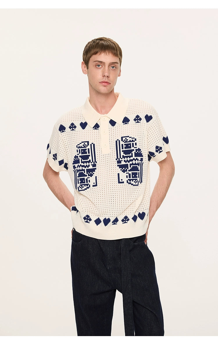 Pixel Heart Knit Polo Shirt