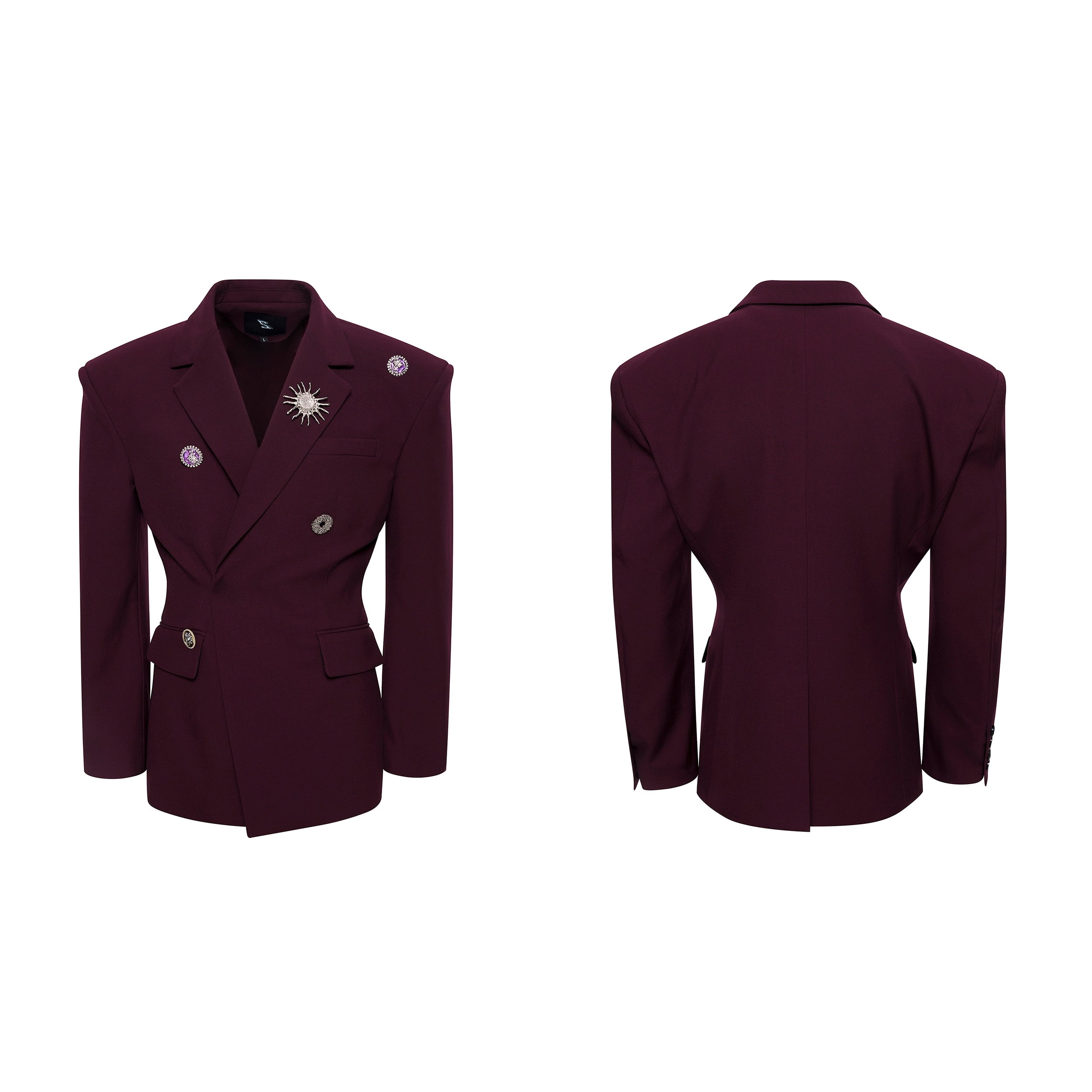 Brooch-Embellished Jacket and Pants Setup