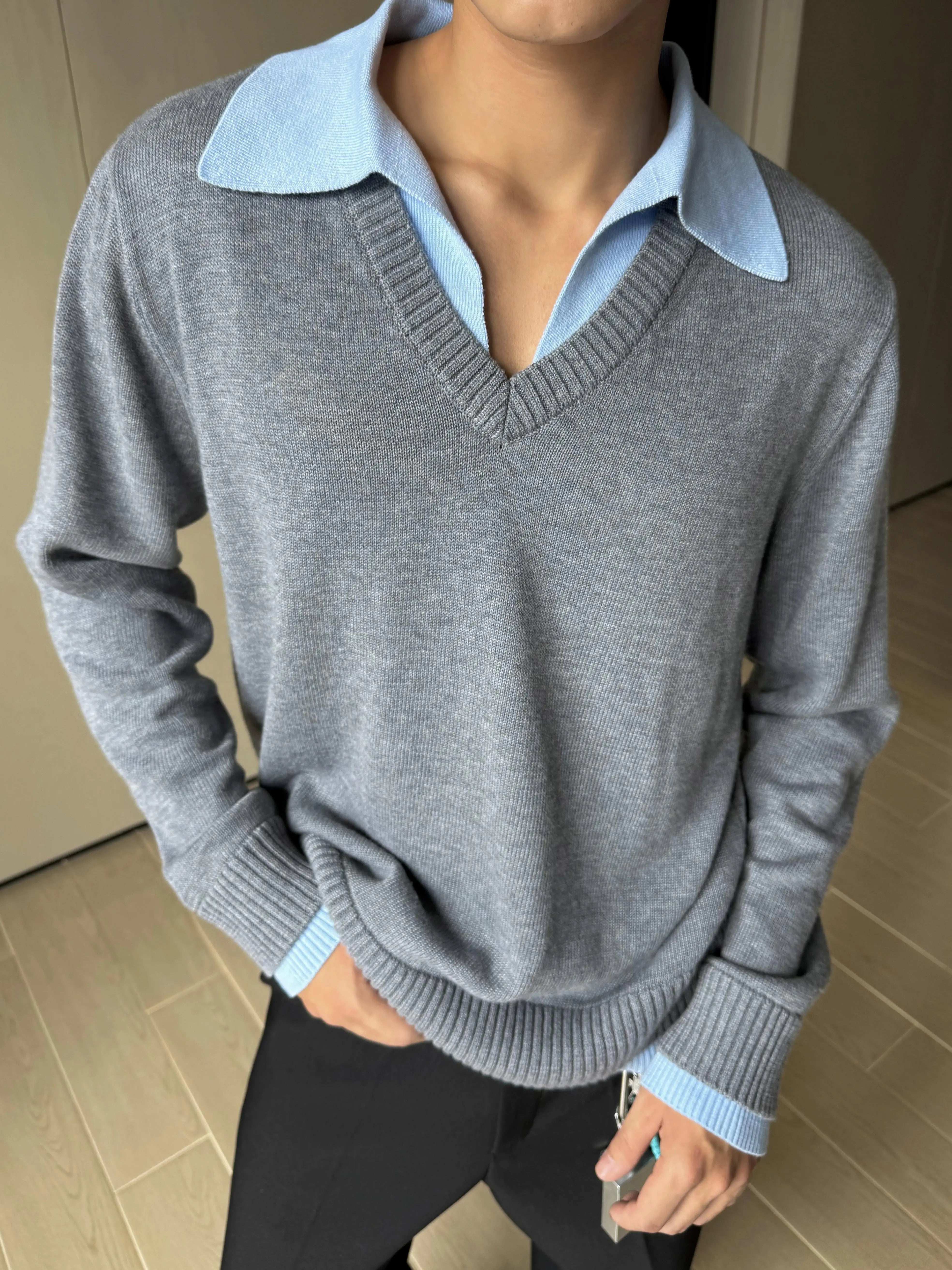 Classic Grey V-Neck Knit Wool Sweater