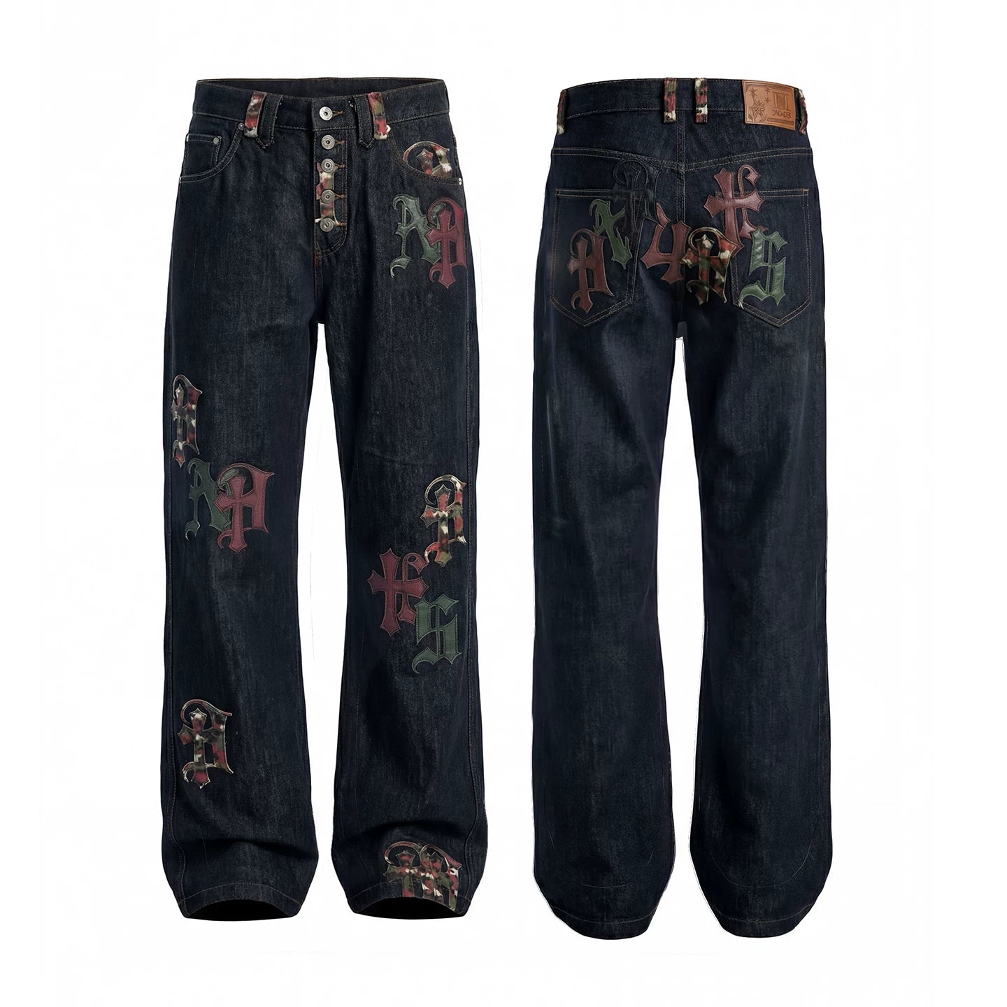 Gothic Letter Appliqué Straight-Leg Denim Jeans
