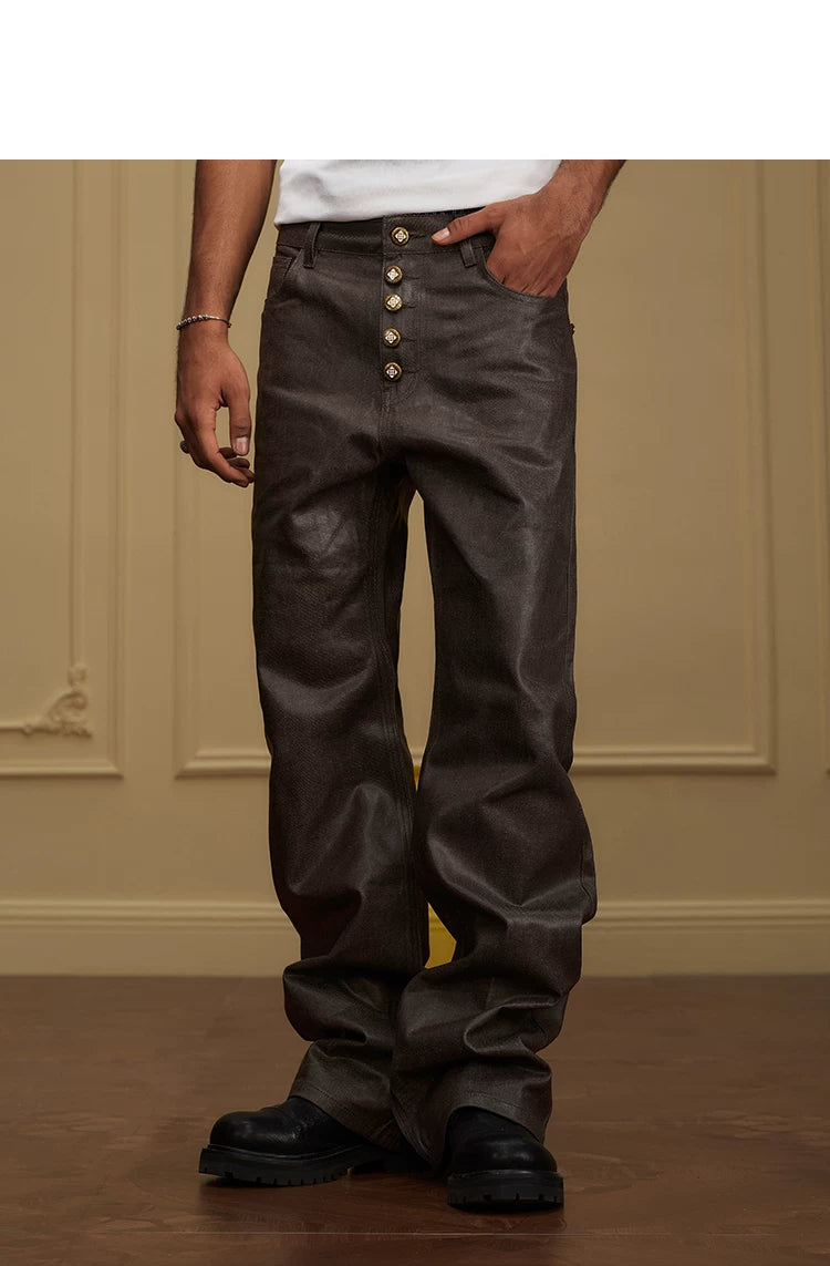 Button Fly Waxed Wide Leg Jeans